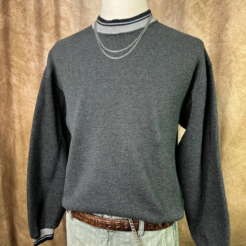 Vintage Waffle Knit Sweater 90s Gray Long Sleeve Pullover Crewneck Sweatshirt